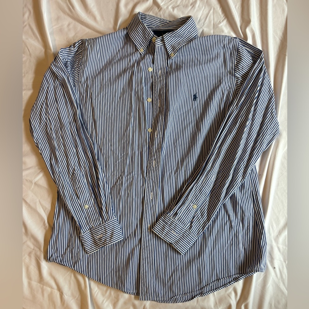 Ralph Lauren navy and white striped dress shirt.